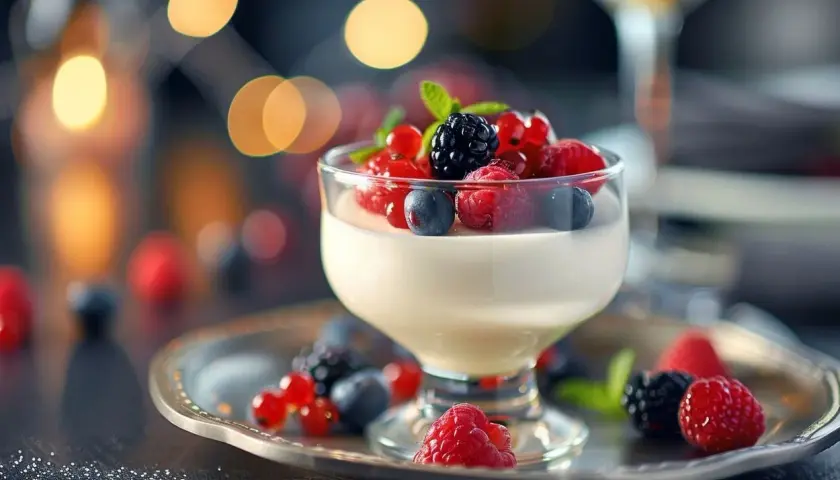 Délicieuse panna cotta crémeuse garnie de fruits rouges frais et d'une feuille de menthe, sur un plateau argenté.