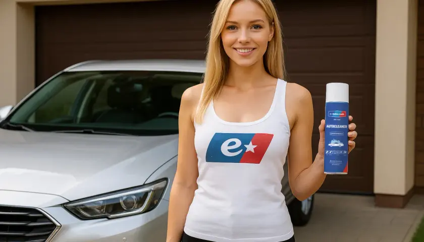 Uśmiechnięta kobieta prezentuje spray Autocleaner, idealny do tego, czym umyć auto.