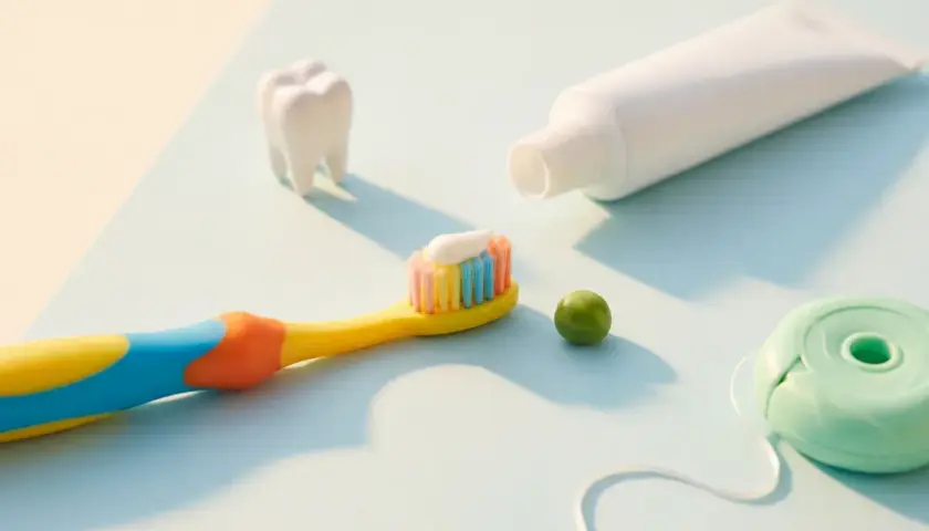 Spazzolino, dentifricio e filo interdentale per un efficace trattamento fluoro denti.
