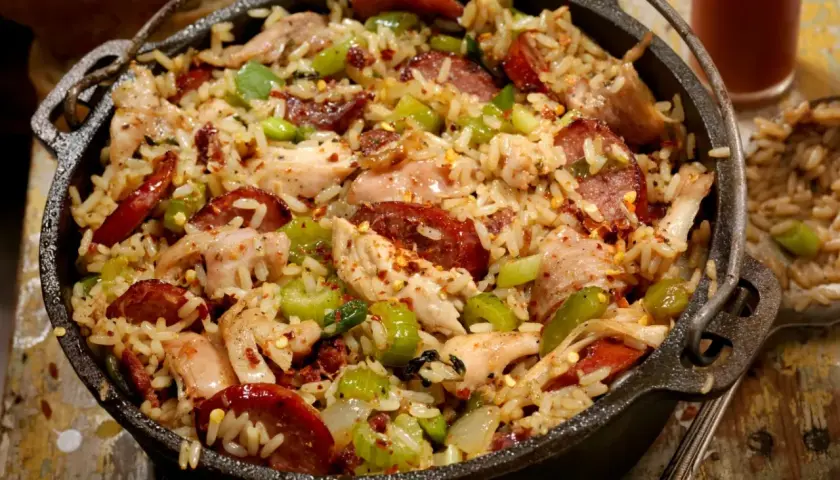 A pyszne jambalaya w żeliwnym garnku, pełne ryżu, kurczaka, kiełbasy i warzyw.