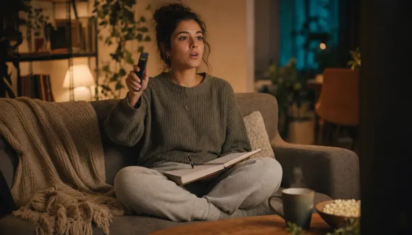 Ragazza sul divano con telecomando e quaderno, pronta per imparare l'inglese con i film.
