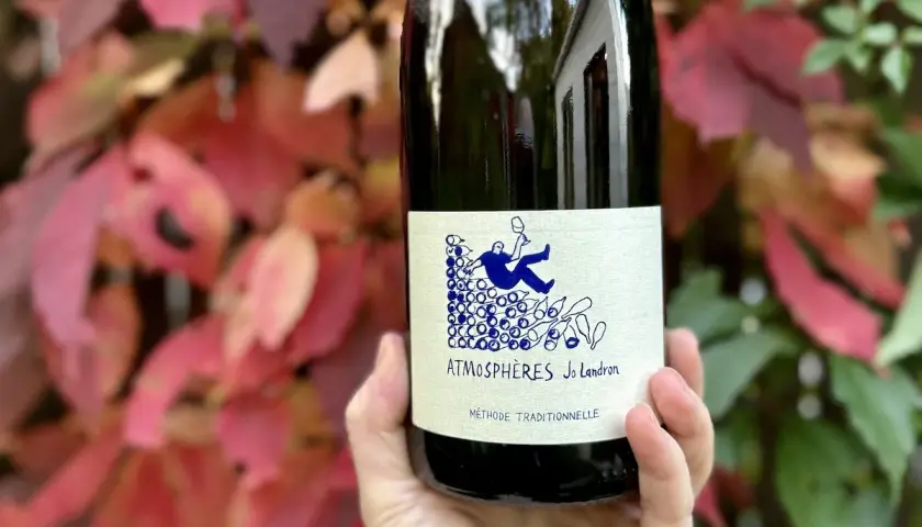 Une main tient une bouteille de vin nature Loire, "Atmosphères Jo Landron", devant des feuilles d'automne rouges et vertes.