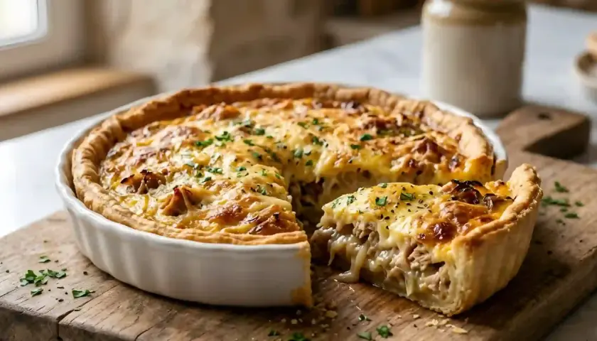 Une part généreuse de quiche au thon dorée, garnie de persil frais, repose sur une planche en bois.