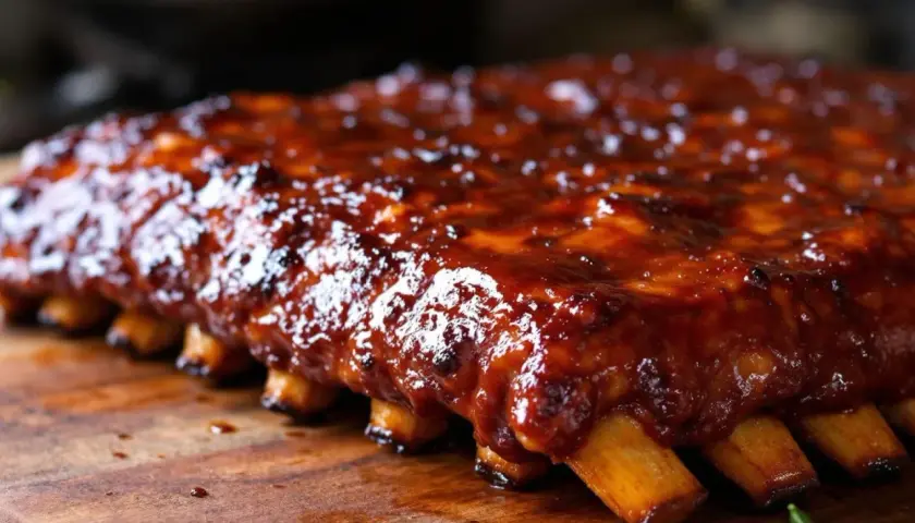 Un plat appétissant de travers de porc glacés à la sauce barbecue, posé sur une planche en bois.