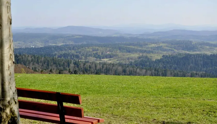 Ławka na tle malowniczego krajobrazu z lasami i pagórkami. Widok z szybowiska Bezmiechowa zapiera dech w piersiach.