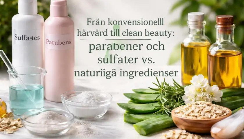 Två flaskor, en märkt "Parabens", bredvid skålar med pulver och oljor. Bilden kontrasterar parabener och sulfater mot naturliga ingredienser för schampo.