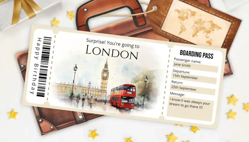Karta pokładowa z napisem "Surprise! You're going to LONDON" i widokiem na czerwony autobus i Big Ben. Obok prezent i brązowa metka podróżna.