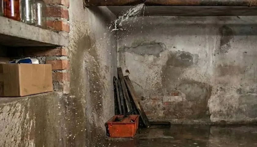 W piwnicy widać pękniętą rurę, z której cieknie woda. Na półce stoją słoiki, a obok karton.
