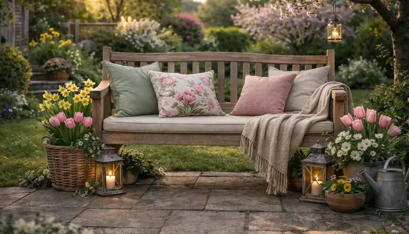 Eine Holzbank im Garten, liebevoll dekoriert mit Kissen, Decke, Blumen und Laternen. Perfekt, um den Frühling zu genießen.