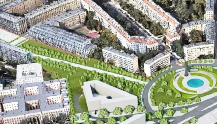 Wizualizacja nowej trasy łazienkowskiej z nowoczesną architekturą i terenami zielonymi.