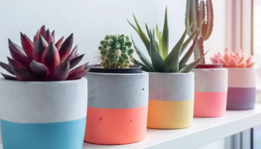 Bunte Beton-Übertöpfe mit Sukkulenten und Kakteen – ein schönes Beispiel für Basteln mit Beton.