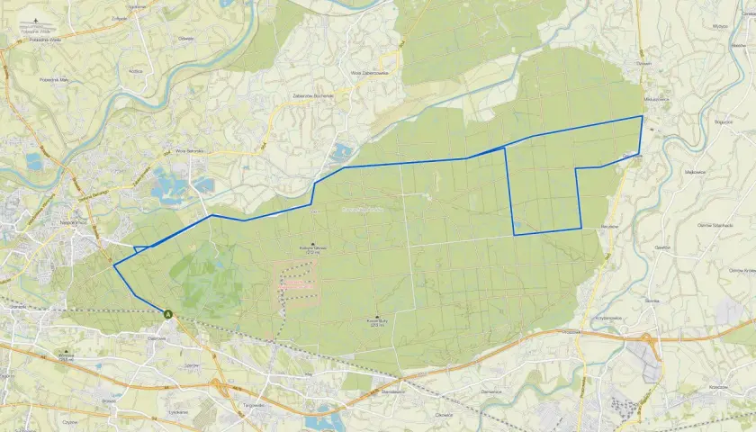 Trasa rowerowa przez Puszczę Niepołomicką, z zaznaczonymi drogami i punktami widokowymi.
