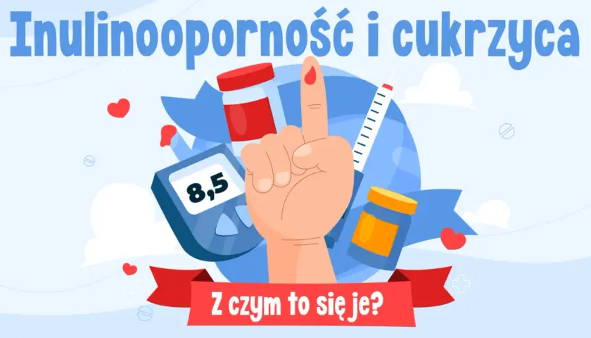 Insulinooporność a cukrzyca: badanie poziomu glukozy glukometrem, kropla krwi na palcu, strzykawka i leki.