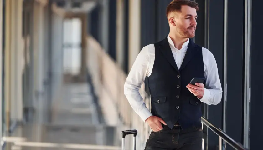Mężczyzna w czarnej kamizelce garniturowej i białej koszuli trzyma telefon.