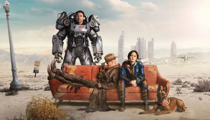 Postapokaliptyczna sceneria, gdzie bohaterowie w zbroi Power Armor, w strojach z Fallout i wierny pies czekają na **fallout 5 kiedy**.