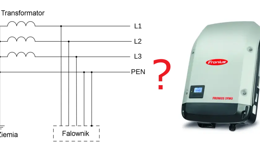 Schemat układu sieci TNC z transformatorem i falownikiem Fronius.