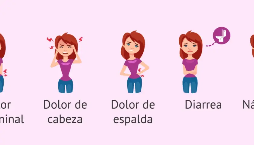 Ilustración de mujer con dolor de regla, mostrando síntomas como dolor abdominal, de cabeza, de espalda, diarrea y náuseas.