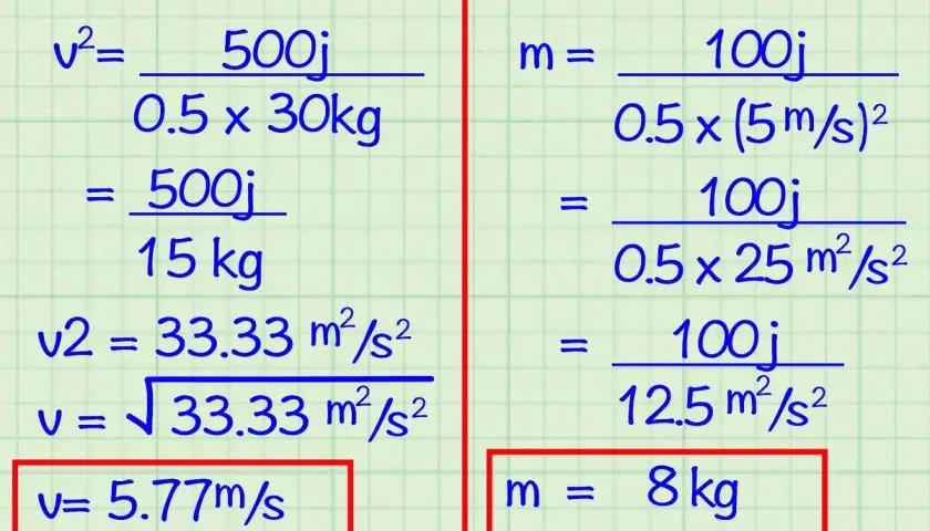 Przykłady obliczeń wzoru na energię kinetyczną: wyznaczanie prędkości (v=5.77m/s) i masy (m=8kg).