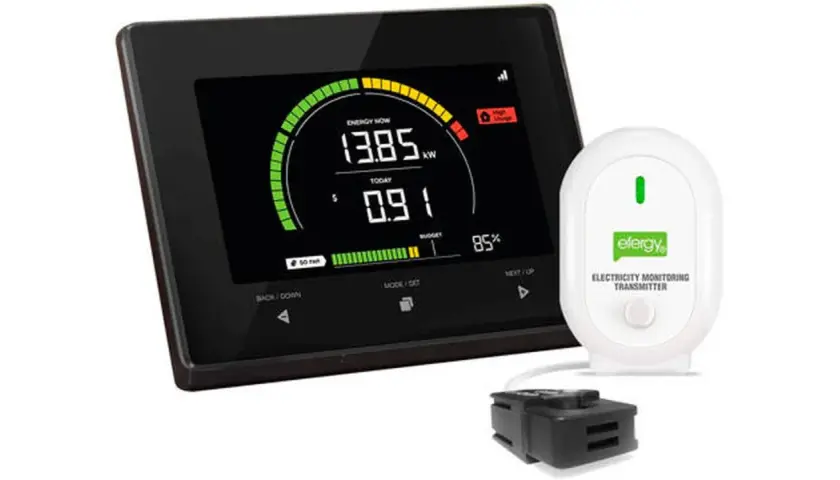 Monitorización consumos eléctricos: pantalla digital muestra 13.85 kW y 0.91 hoy. Transmisor blanco efergy.