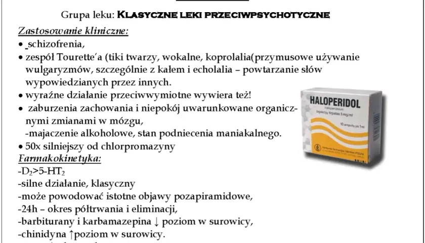 Opis leku **haloperidol**, klasycznego leku przeciwpsychotycznego, stosowanego m.in. w schizofrenii i zespole Tourette'a. Widoczna paczka leku.