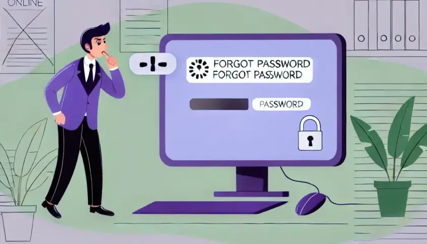 Un homme réfléchit devant un écran affichant "FORGOT PASSWORD". Un **edocperso avis** sur la sécurité des mots de passe.