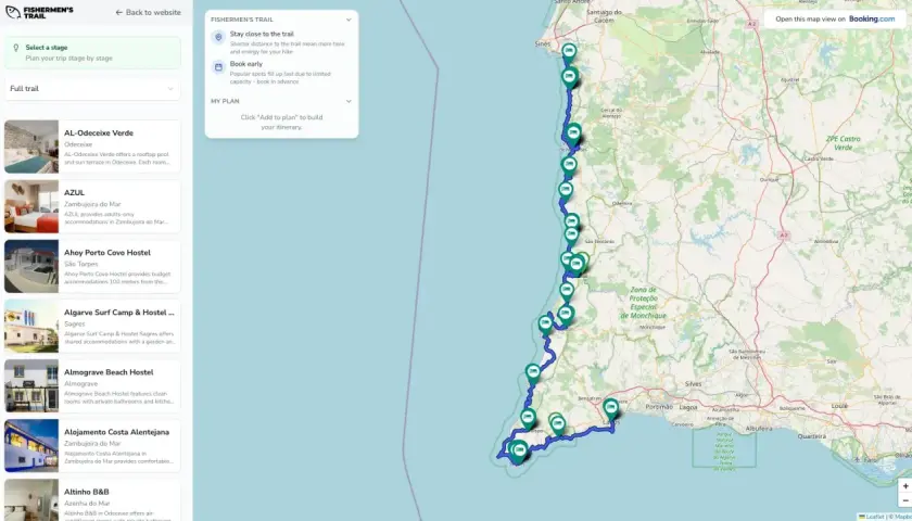 Map of the Fisherman's Trail in Portugal, showing the route and accommodation options.