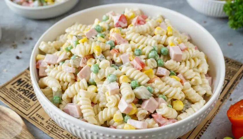 Ein bunter Nudelsalat mit Spiralnudeln, Erbsen, Mais und Schinkenwürfeln in cremiger Soße.