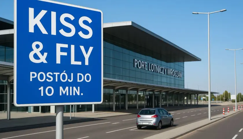 Niebieski znak "KISS & FLY" informuje o postoju do 10 min. przy Porcie Lotniczym Wrocław. Darmowy parking lotnisko Wrocław.