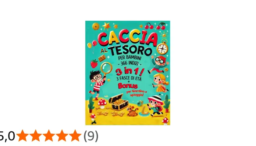 Copertina colorata per giochi caccia al tesoro per bambini, con bambini che cercano indizi e un forziere aperto.