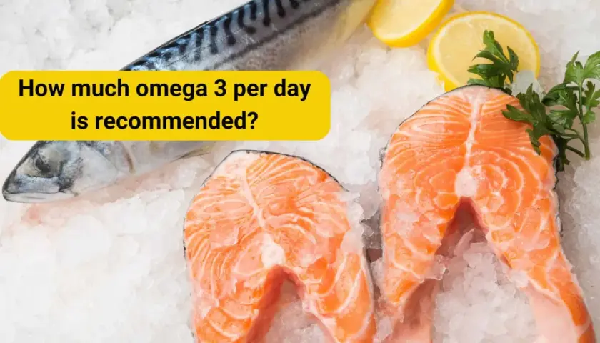 Färska laxfiléer och makrill på is, med citron och persilja. Frågan "hur mycket omega 3 per dag" ställs.