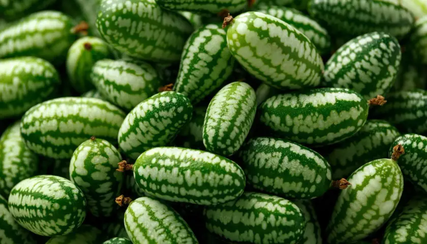 Ein Haufen mexikanischer Minigurken, klein und oval mit grünen und weißen Streifen, bereit für einen erfrischenden Salat.