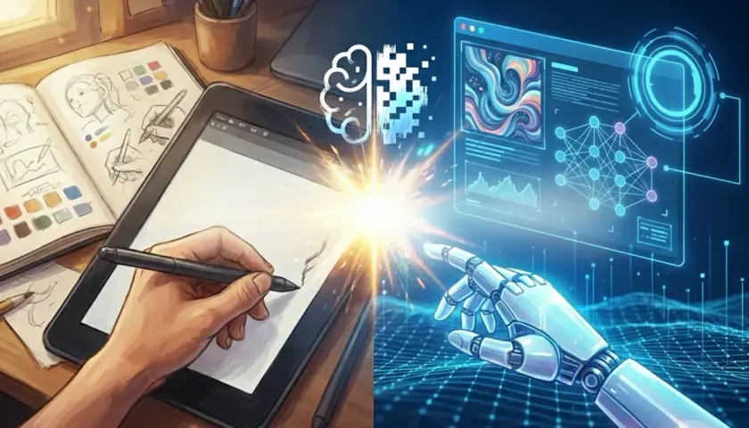 Ręka artysty tworzy szkice na tablecie, a robotyczny palec dotyka ekranu z wizualizacją sieci neuronowej. To połączenie ludzkiej kreatywności i ai grafiki.
