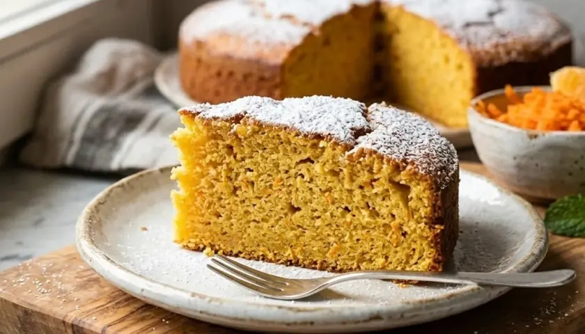 Una fetta di torta di carote soffice e profumata, cosparsa di zucchero a velo, su un piatto con una forchetta. Sullo sfondo, la torta intera e una ciotola di carote grattugiate.
