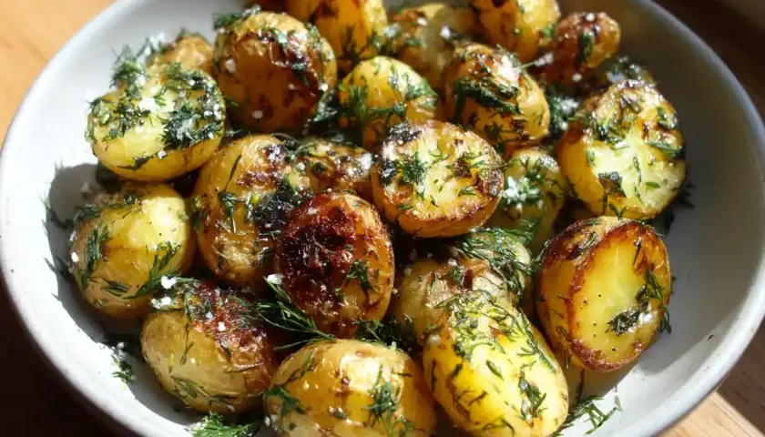 En skål med gyllene, krispiga stekt potatis, toppad med färsk dill och flingsalt. Perfekt tillbehör!