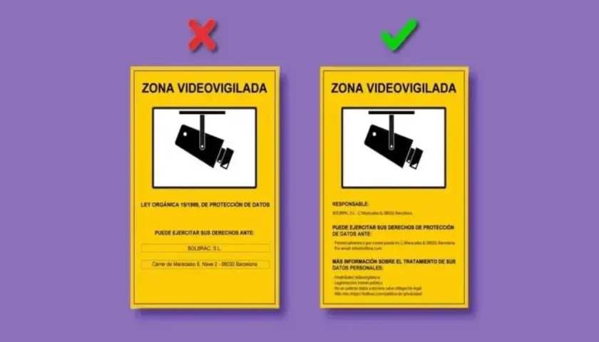 Cartel de "Zona Videovigilada" con un sistema de cámaras de videovigilancia. El cartel de la derecha es correcto, detallando información del responsable y derechos.