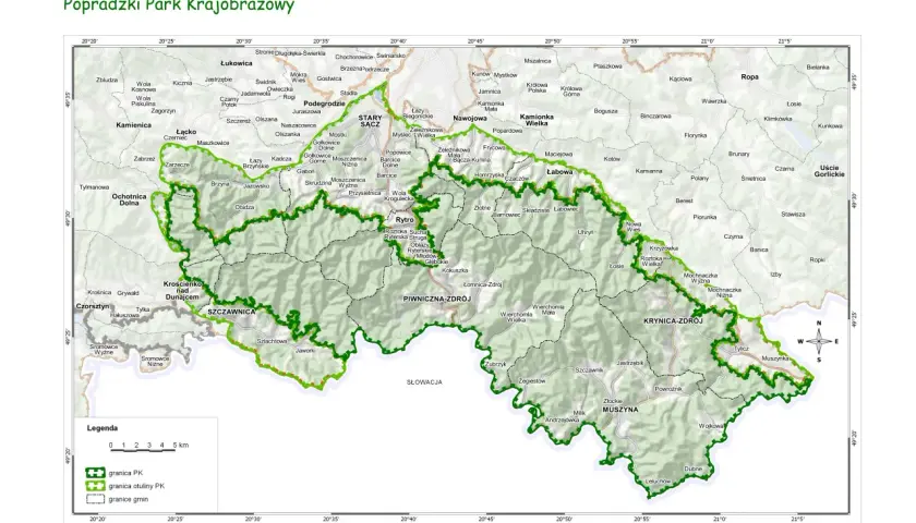 Mapa Popradzkiego Parku Krajobrazowego z zaznaczonymi wsiami, drogami i granicami.