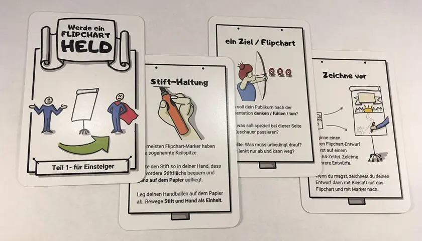 Karten für Flipchart-Vorlagen kostenlos: "Werde ein Flipchart Held", "Stift-Haltung", "Ein Ziel / Flipchart", "Zeichne vor".