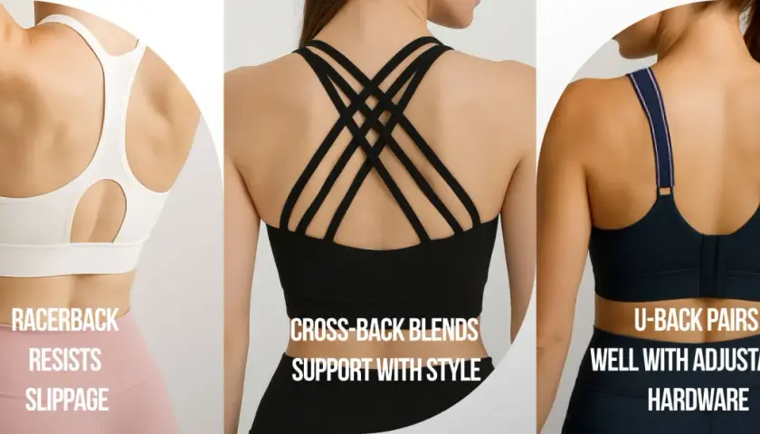 Three women's backs showcasing different sports bra styles: racerback, cross-back, and U-back. Perfect for your next DIY sports bra project!