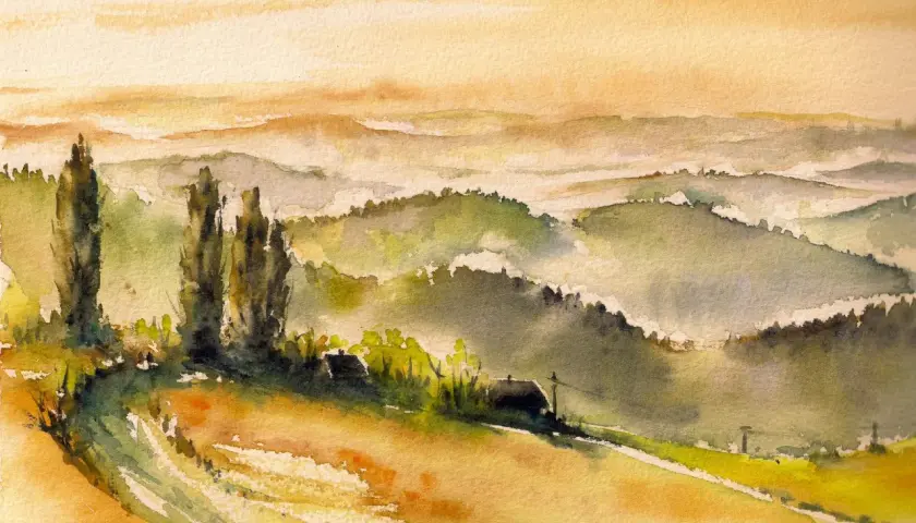 Paesaggio collinare con cipressi e case, reso con delicate velature di pittura ad acquerello che creano un'atmosfera sognante.