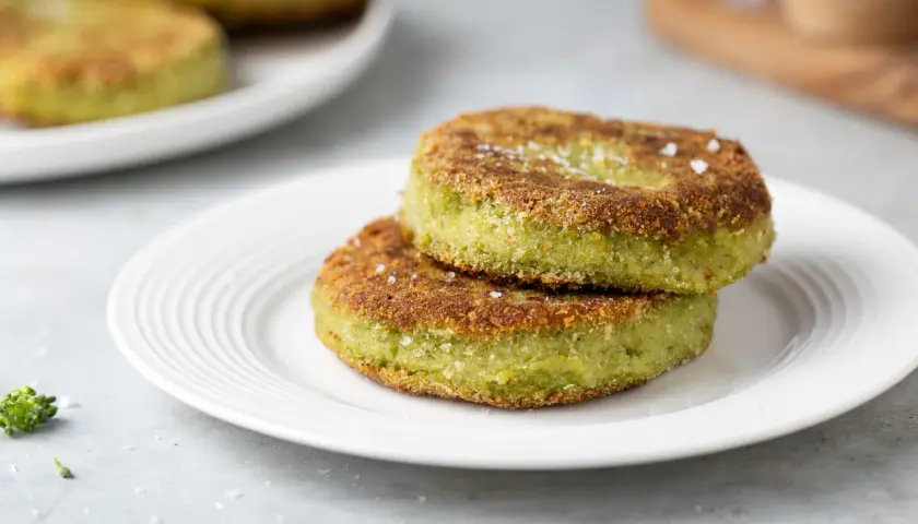 Due hamburger di broccoli dorati e croccanti, cosparsi di sale grosso, su un piatto bianco.