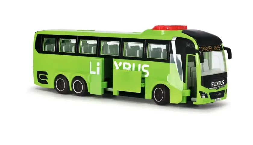 Zielony autobus FlixBus z otwartymi drzwiami, idealny do zabawy, a może nawet do symulacji zwrotu biletu.