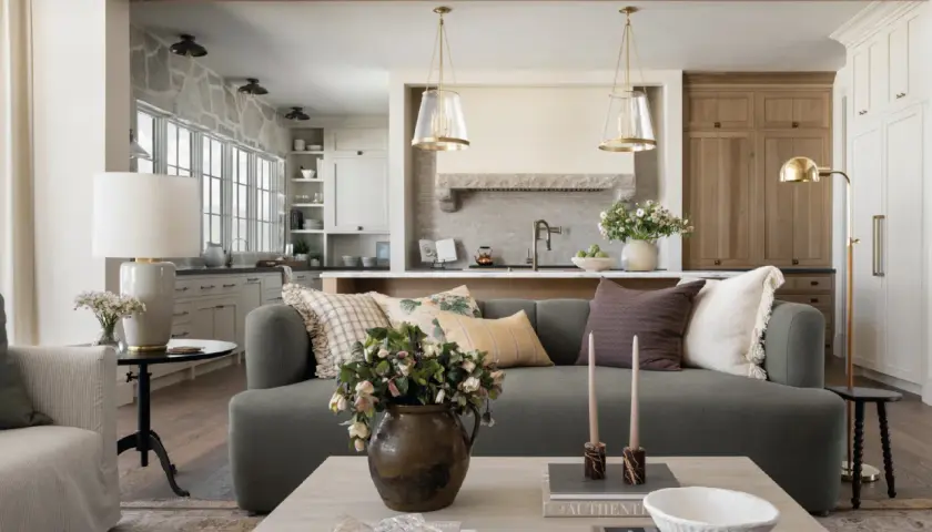 A living room and kitchen blend in Studio McGee's signature style: cozy, layered textures, natural materials, and a neutral palette.