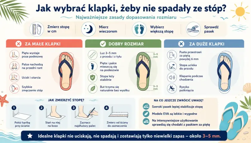 Jak dobrać rozmiar klapek, by nie spadały? Poradnik pokazuje, jak mierzyć stopę i jakie luzy są idealne. Unikaj za małych lub za dużych klapek.