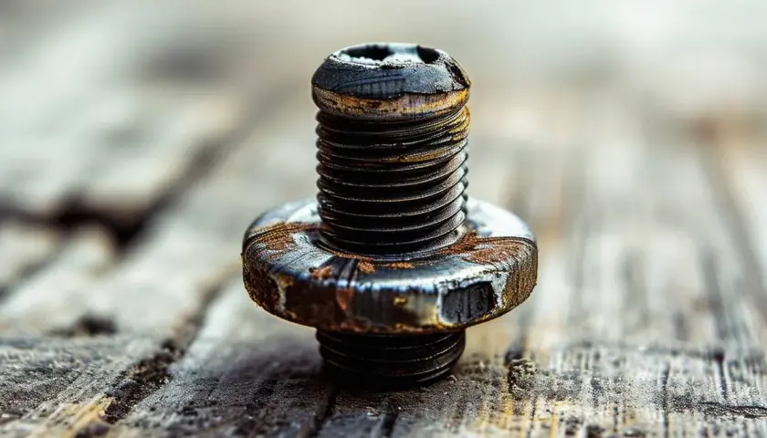 Vite arrugginita su legno. Immagina come si svita una vite così, con pazienza e la giusta chiave.