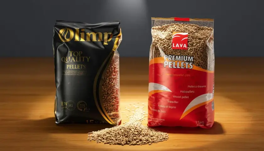 Dwie torby z pelletem drzewnym: czarna z napisem "Olimp TOP QUALITY PELLETS" i czerwona z napisem "LAVA PREMIUM PELLETS". Czy pellet Olimp jest dobry?