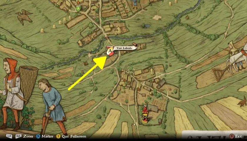 Mapa Kingdom Come: Deliverance. Strzałka wskazuje drogę do odwiedzenia Lubosza w Przybysławicach.