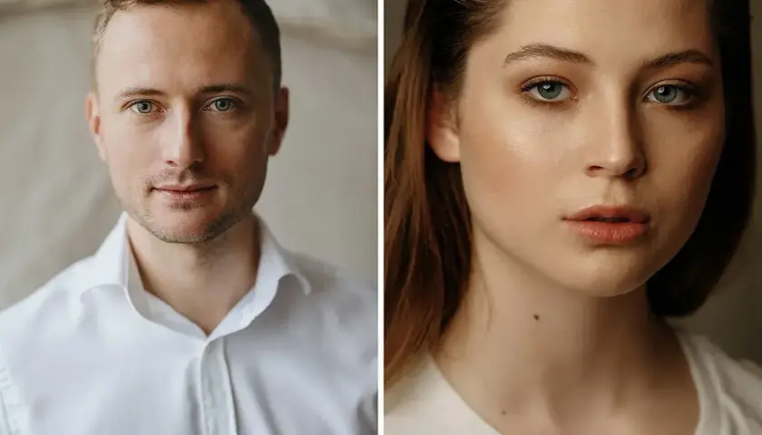 Portret fotograficzny mężczyzny w białej koszuli i kobiety z delikatnym makijażem.