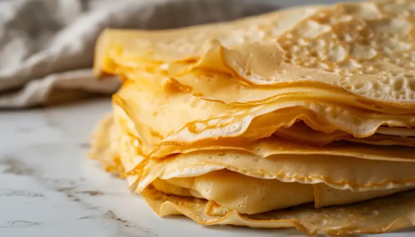 Pile de crêpes dorées et fines, parfaites pour un petit-déjeuner gourmand. Ces crêpes sans lait sont légères et délicieuses.