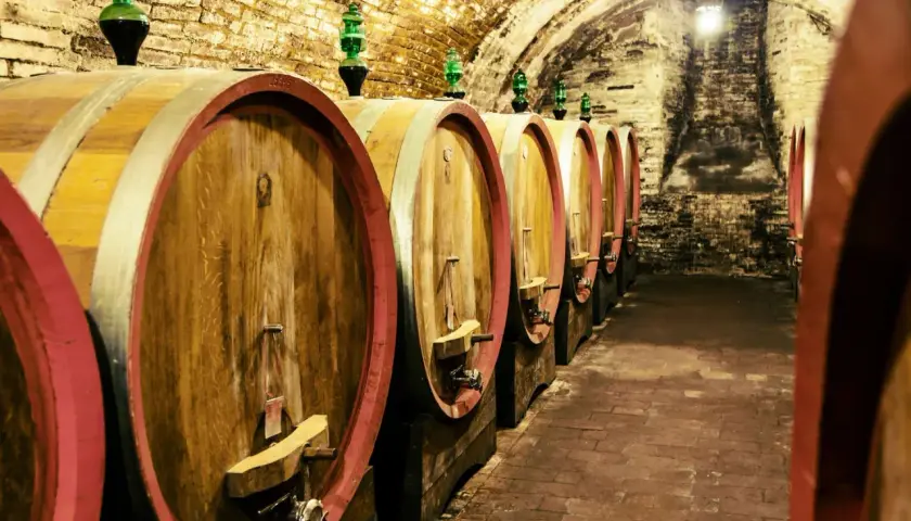 Botti di legno in una cantina storica, un'immagine che evoca le migliori cantine toscane e la loro tradizione vinicola.