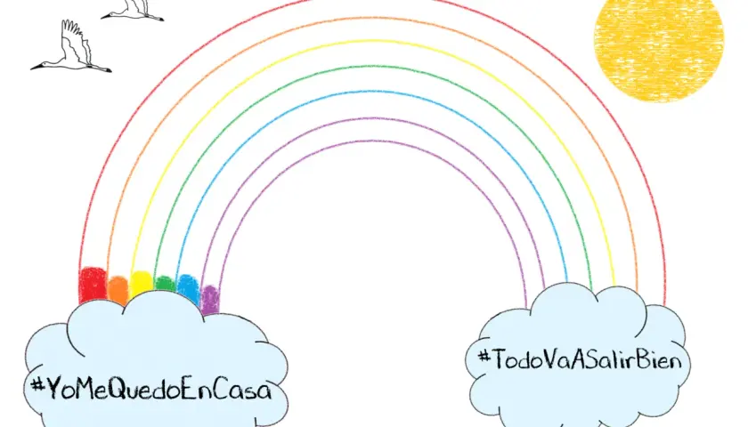Un arcoiris para colorear con nubes, pájaros y el sol. En las nubes se lee: #YoMeQuedoEnCasa y #TodoVaASalirBien.